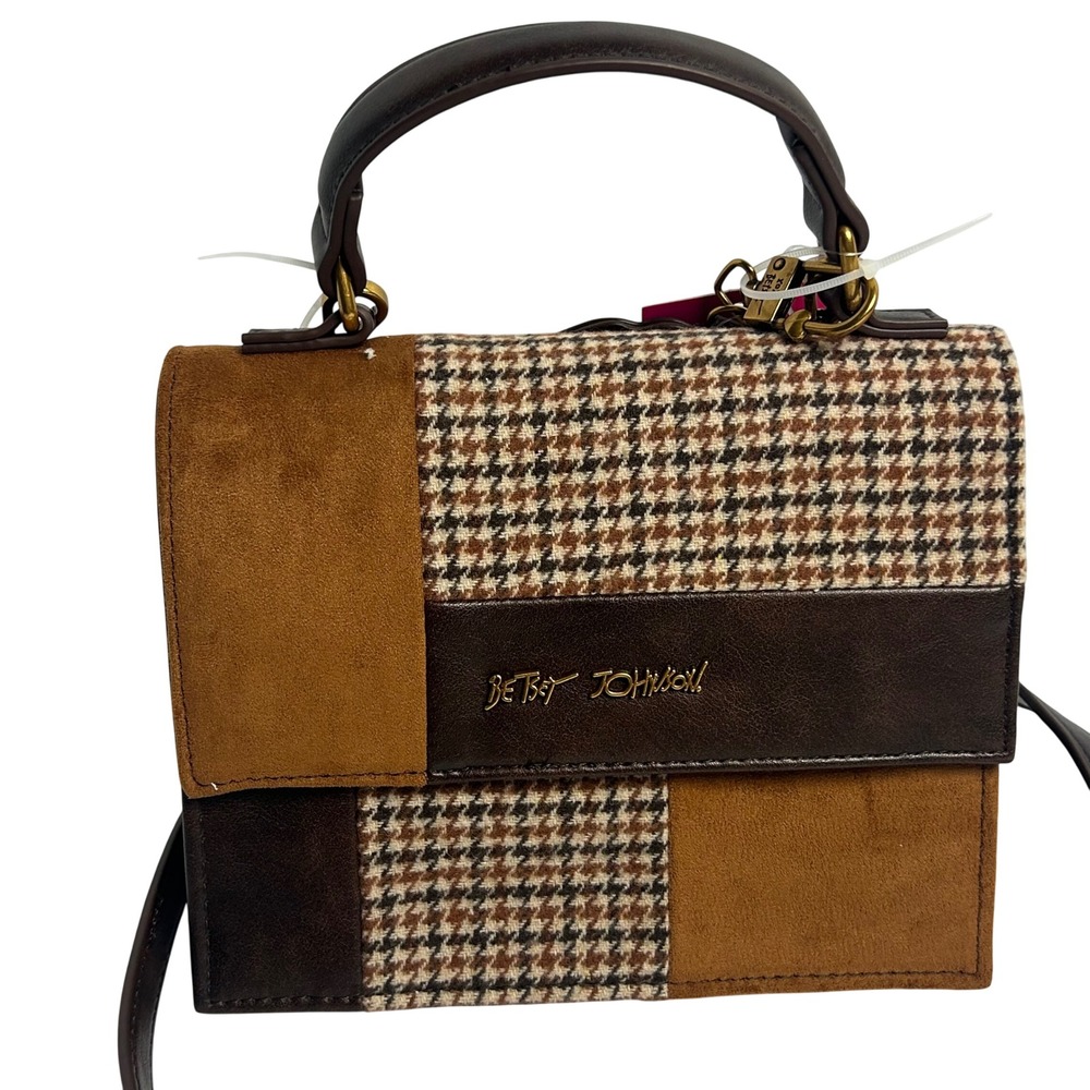 Betsey Johnson XOMYLO Houndstooth Patchwork Satchel Crossbody Bag Dachshund Dog